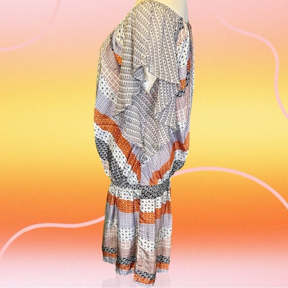 Gypsy 05 Gray & Orange Multi Bandana Print Striped Boho Silk Mini Dress Size M - Picture 5 of 12